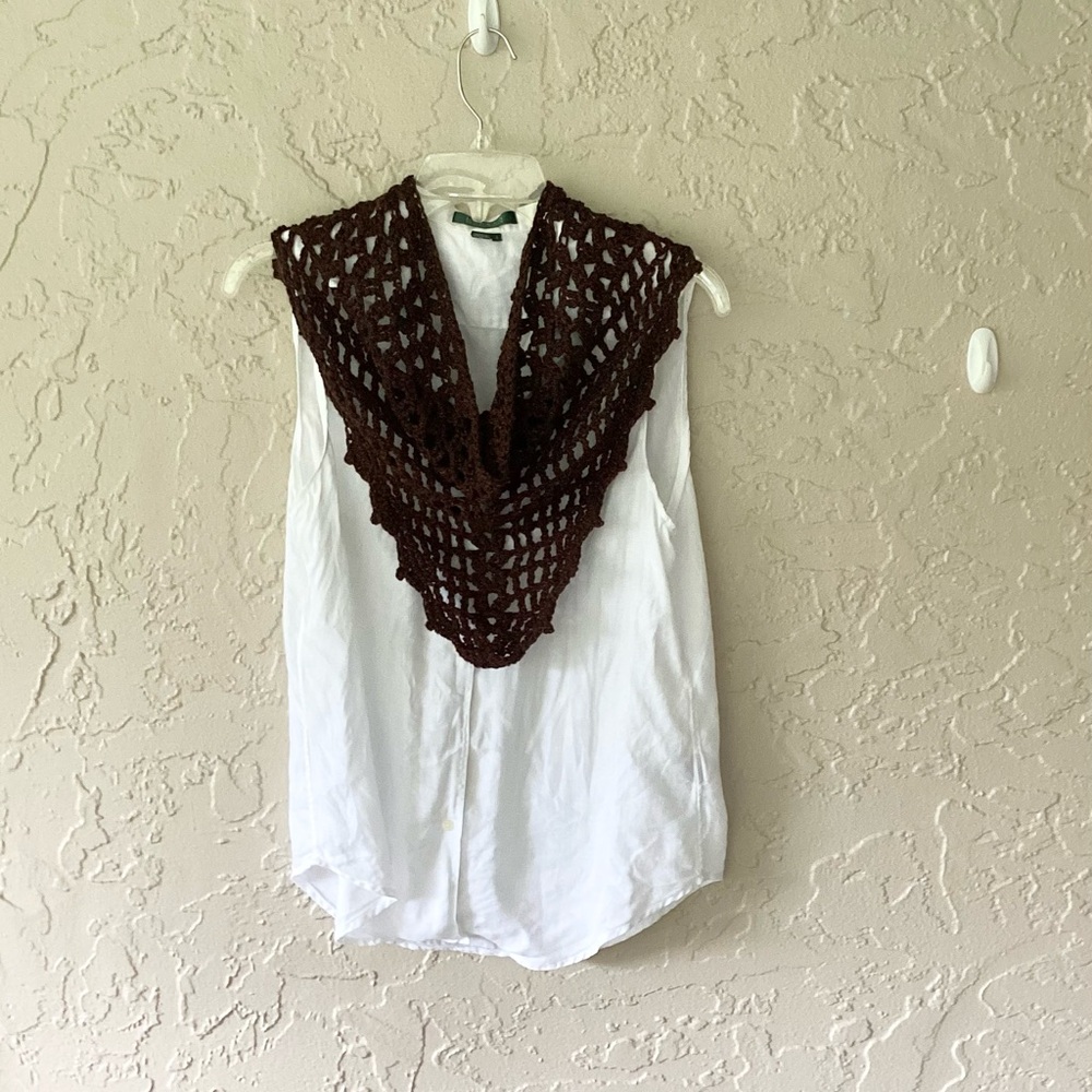 Scarf Triangle Cowl Shawl Hand Crafted Brown Gold Glitter Crochet Overlay - Picture 2 of 16